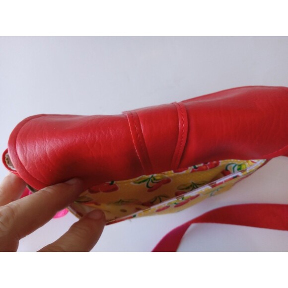 Handmade Cross Body Bag Red Faux Leather w/ Yellow & Cherry Retro Cotton - Picture 13 of 15